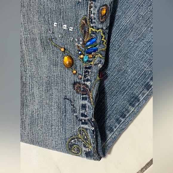 Vanilla star crystal rhinestone sequin Capri Crop denim hipster stretch jeans - Picture 2 of 9